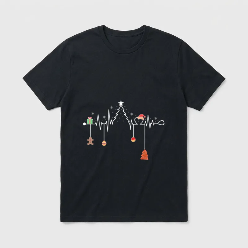 Christmas Tree Heartbeat Funny Nurse T-Shirt – Classic T-Shirt in Black