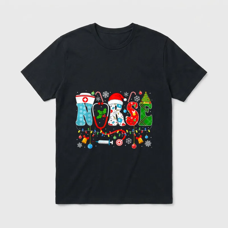 Christmas Nurse Santa RN T-Shirt – The word NURSE in festive Christmas and medical patterns – Classic T-Shirt in Black