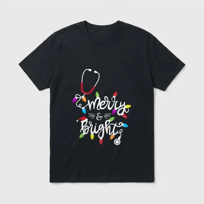 Nurse Stethoscope Merry and Bright Christmas T-Shirt – Classic T-Shirt in Black