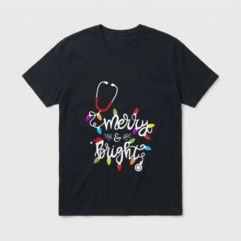 Nurse Stethoscope Merry and Bright Christmas T-Shirt – Classic T-Shirt in Black