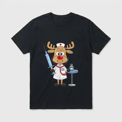 Reindeer Nurse T-Shirt – Cartoon reindeer nurse with stethoscope holding a syringe – Classic T-Shirt in Black