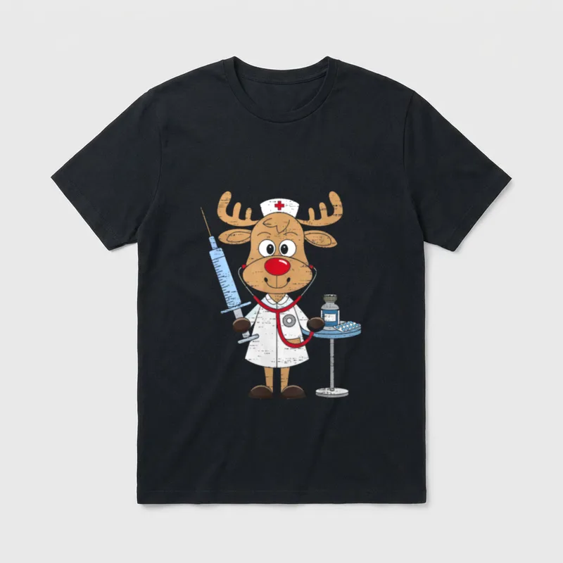 Reindeer Nurse T-Shirt – Cartoon reindeer nurse with stethoscope holding a syringe – Classic T-Shirt in Black