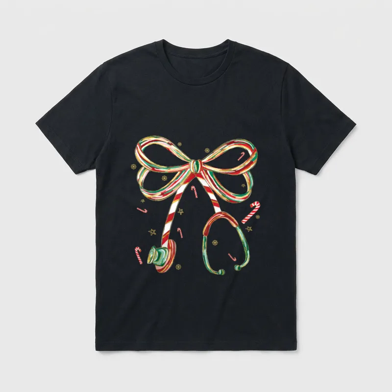 Candy Cane Coquette Bow Stethoscope Nurse T-Shirt – Classic T-Shirt in Black