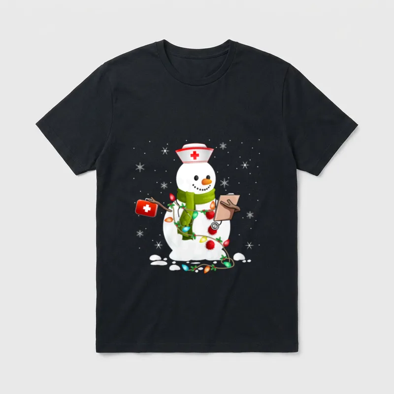Xmas Lights Nurse Snowman Nursing RN T-Shirt – Classic T-Shirt in Black