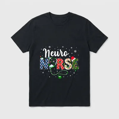 Neuro Nurse Xmas Santa Hat T-Shirt – Festive Neuro Nurse lettering with stethoscope and Santa hat – Classic T-Shirt in Black