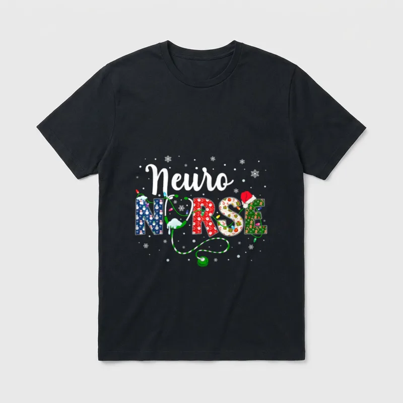 Neuro Nurse Xmas Santa Hat T-Shirt – Festive Neuro Nurse lettering with stethoscope and Santa hat – Classic T-Shirt in Black