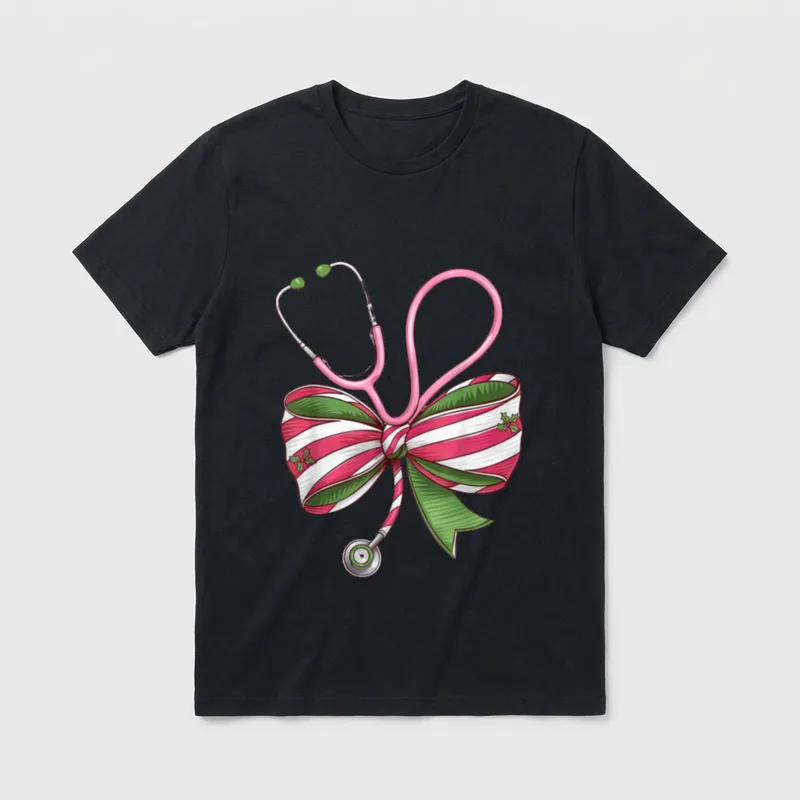 Nurse Christmas Coquette Bow Stethoscope Medical T-Shirt – Classic T-Shirt in Black