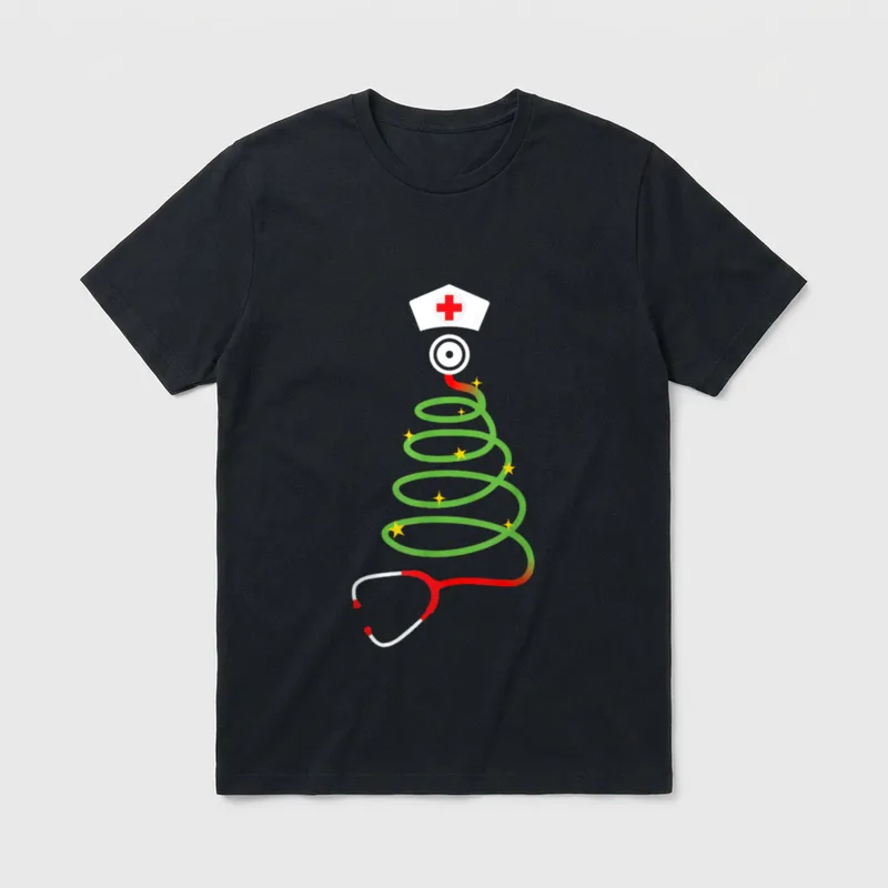 Christmas Tree with Stethoscope Nurse Hospital T-Shirt – Classic T-Shirt in Black