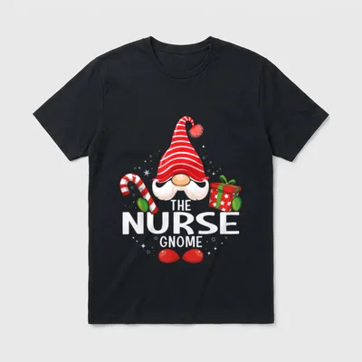 The Nurse Gnome Christmas Matching Family T-Shirt – Christmas nurse gnome with candy cane and gift – Classic T-Shirt in Black