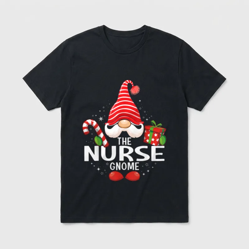 The Nurse Gnome Christmas Matching Family T-Shirt – Christmas nurse gnome with candy cane and gift – Classic T-Shirt in Black
