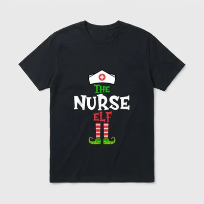 The Nurse Elf T-Shirt – Nurse cap, printed text reading THE NURSE ELF, and striped elf legs – Classic T-Shirt in Black