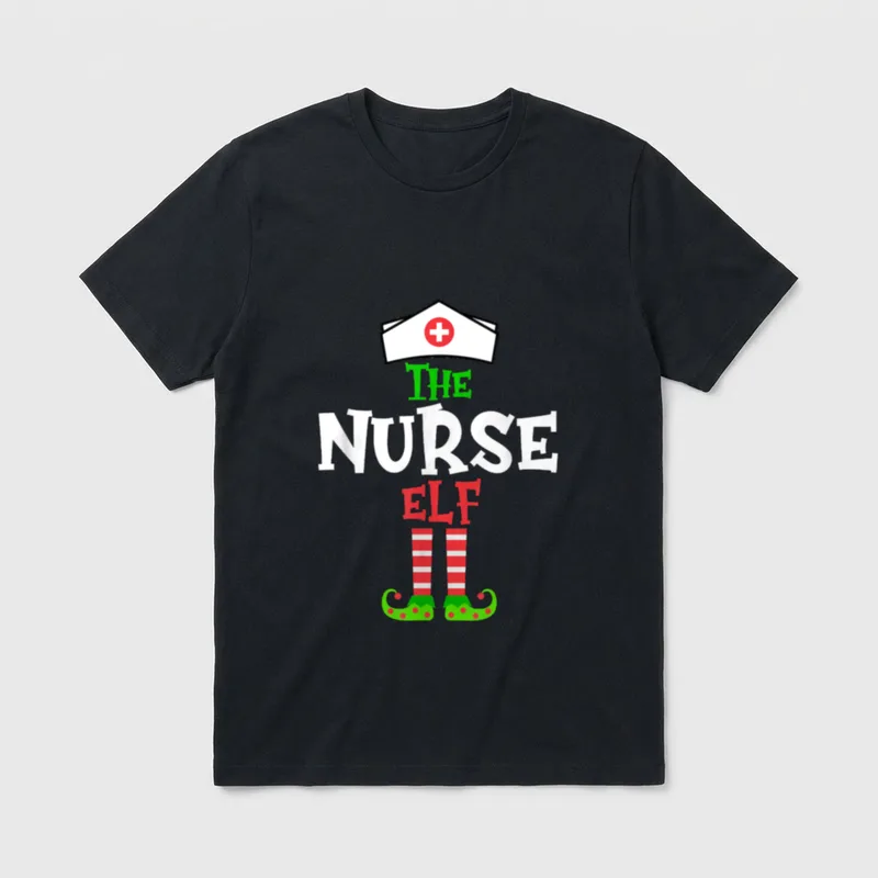 The Nurse Elf T-Shirt – Nurse cap, printed text reading THE NURSE ELF, and striped elf legs – Classic T-Shirt in Black