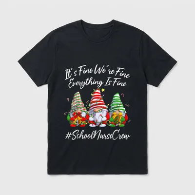 School Nurse Crew Xmas Everything T-Shirt – Three holiday gnomes tangled in Christmas lights – Classic T-Shirt in Black