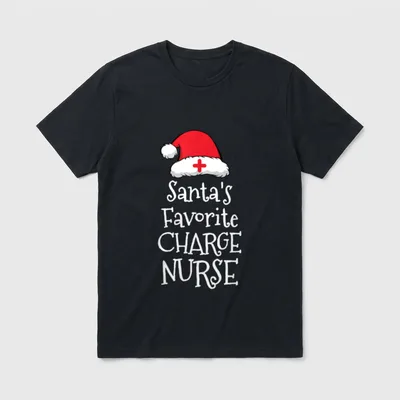 Santas Favorite Charge Nurse T-Shirt – Santa hat with a red medical cross above festive lettering – Classic T-Shirt in Black