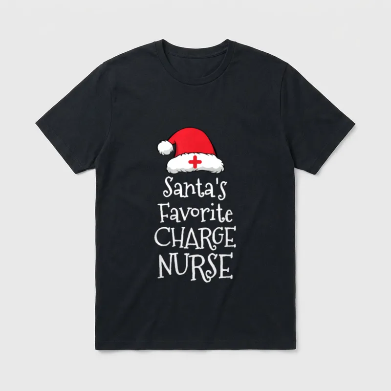 Santas Favorite Charge Nurse T-Shirt – Santa hat with a red medical cross above festive lettering – Classic T-Shirt in Black