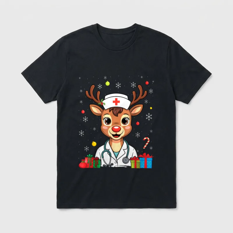 Nurse Christmas Reindeer Plaid NICU RN T-Shirt – Classic T-Shirt in Black