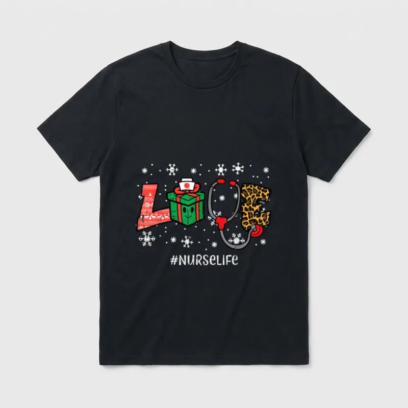 Leopard Christmas Love Nurse Life Xmas T-Shirt – Classic T-Shirt in Black