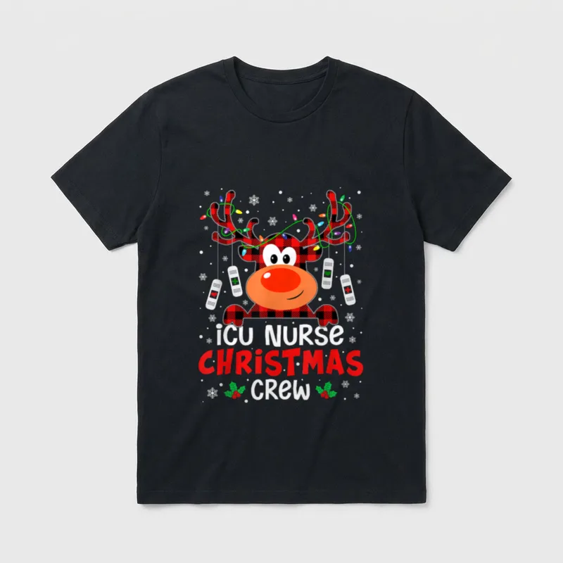 ICU Nurse Christmas Crew Cute Reindeer T-Shirt – Classic T-Shirt in Black