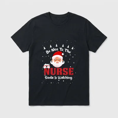 Be Nice to the Nurse RN T-Shirt – Santa face with glasses, nurse cap, and festive holiday text – Classic T-Shirt in Black