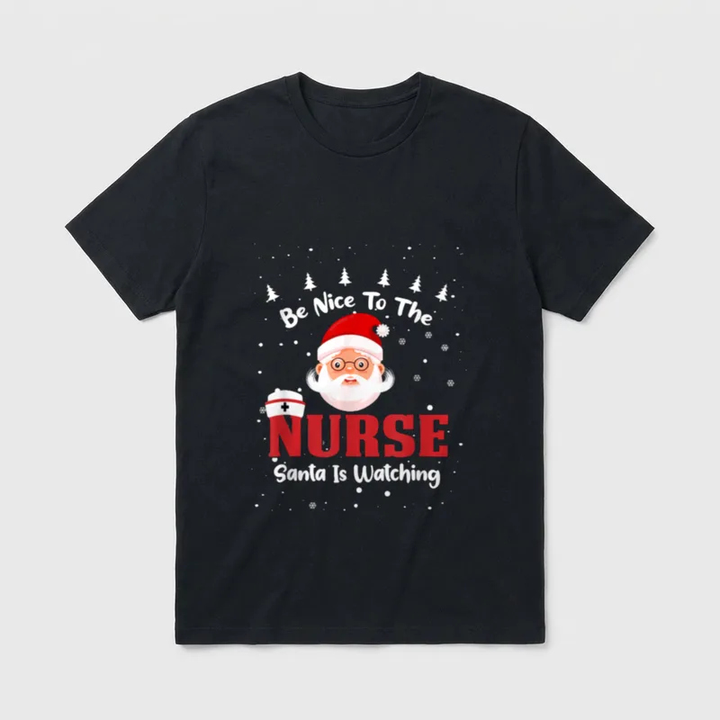 Be Nice to the Nurse RN T-Shirt – Santa face with glasses, nurse cap, and festive holiday text – Classic T-Shirt in Black