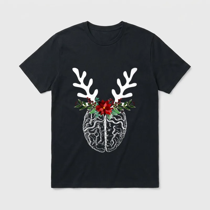 Anatomy Brain Floral Reindeer Christmas Neurology T-Shirt – Classic T-Shirt in Black