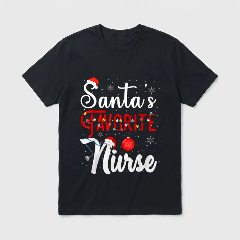 Santa's Favorite Nurse Christmas Pajama Lights T-Shirt – Classic T-Shirt in Black