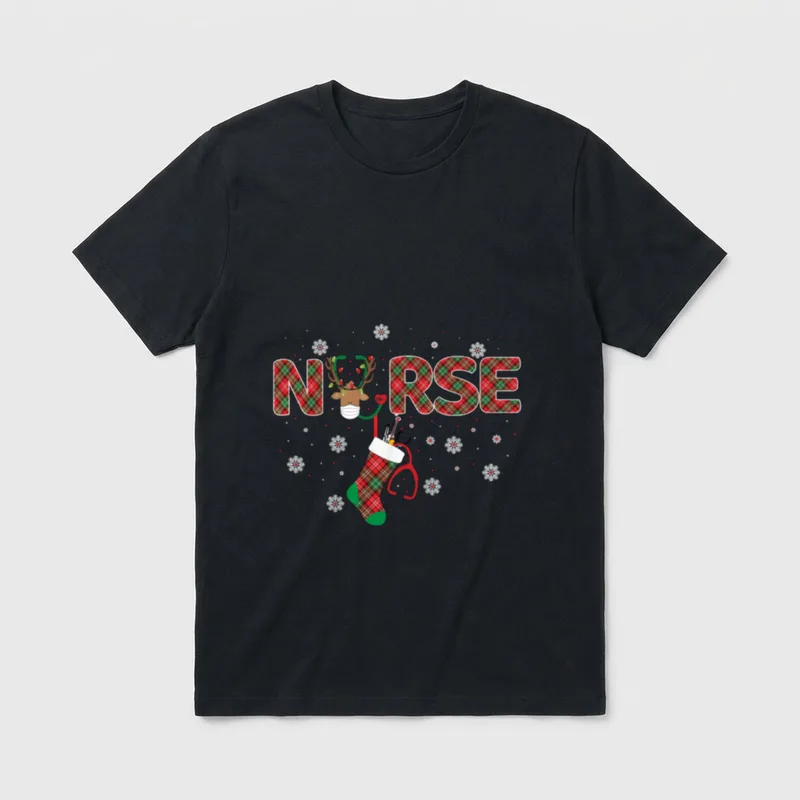 Nurse Christmas Themed Plaid Pattern Cool T-Shirt – Classic T-Shirt in Black
