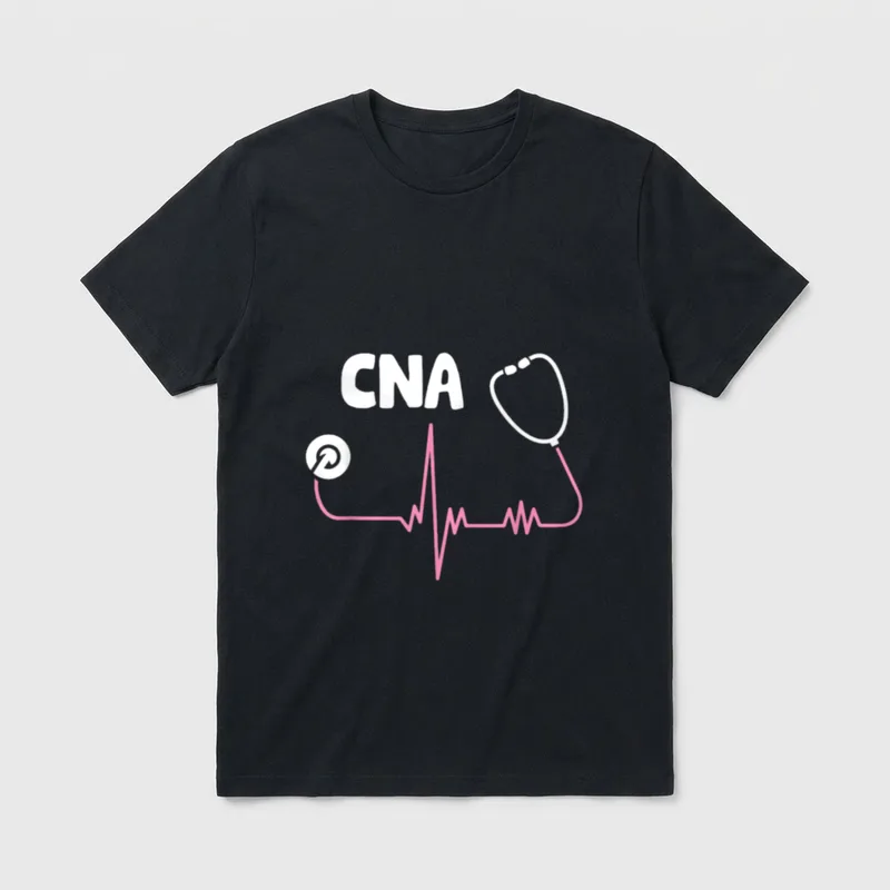 CNA Nurse T-Shirt – White CNA text with a pink stethoscope EKG pulse line – Classic T-Shirt in Black