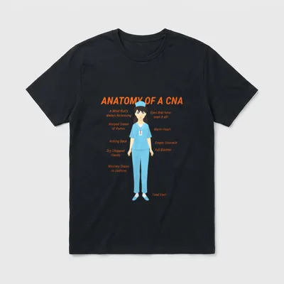 Nurse Assistant CNA Nurses Skirt T-Shirt – Anatomy of a CNA infographic with healthcare callouts – Classic T-Shirt in Black