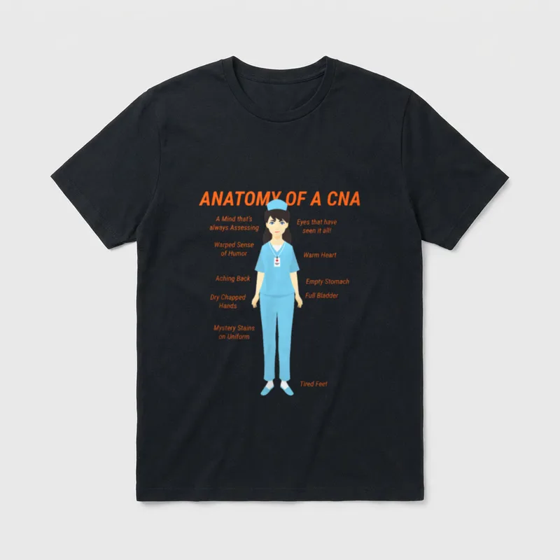 Nurse Assistant CNA Nurses Skirt T-Shirt – Anatomy of a CNA infographic with healthcare callouts – Classic T-Shirt in Black