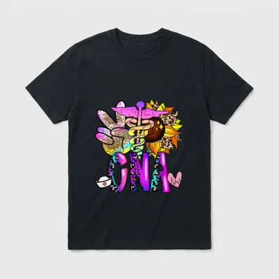 Peace Love CNA T-Shirt – CNA lettering with a peace sign, caduceus, and sunflower – Classic T-Shirt in Black