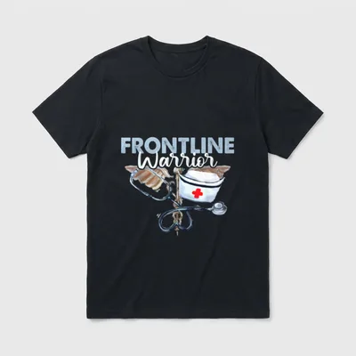 Frontline Warrior Nurse T-Shirt – FRONTLINE Warrior text with stethoscope, nurse cap, and caduceus – Classic T-Shirt in Black