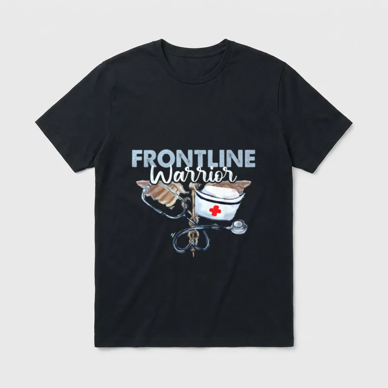 Frontline Warrior Nurse T-Shirt – FRONTLINE Warrior text with stethoscope, nurse cap, and caduceus – Classic T-Shirt in Black