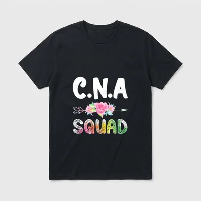 CNA Nurse Squad T-Shirt – C.N.A with floral arrow and textured colorful SQUAD lettering – Classic T-Shirt in Black