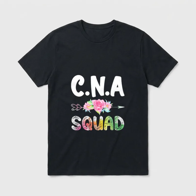 CNA Nurse Squad T-Shirt – C.N.A with floral arrow and textured colorful SQUAD lettering – Classic T-Shirt in Black