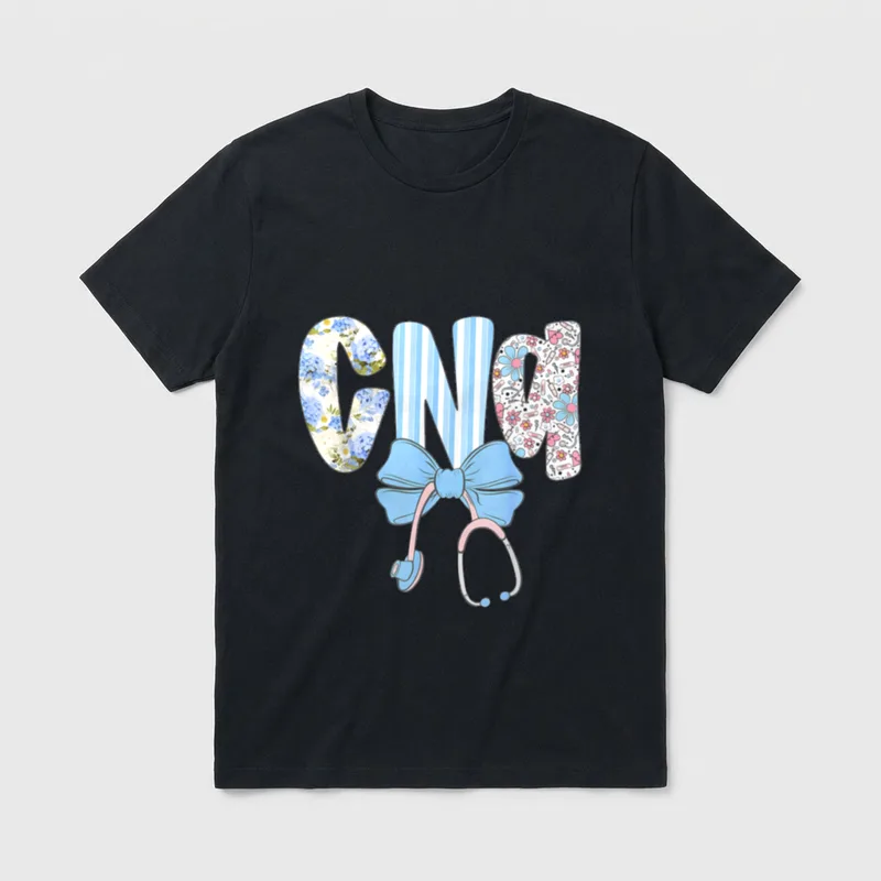 Coquette CNA Nurse Blue Floral Stethoscope T-Shirt – Classic T-Shirt in Black