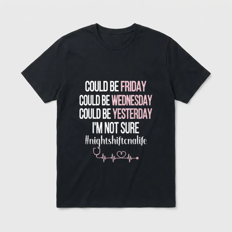 Night Shift CNA Life Nursing T-Shirt – Pink and white text with stethoscope and heartbeat graphic – Classic T-Shirt in Black