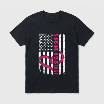 Nurse Flag T-Shirt – Distressed American flag with pink heart and NURSING ASSISTANT text – Classic T-Shirt in Black