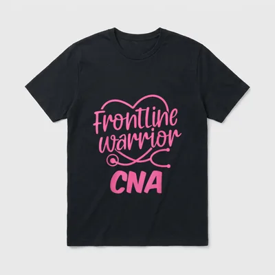 CNA Life T-Shirt – Pink stethoscope heart graphic with Frontline warrior CNA text – Classic T-Shirt in Black