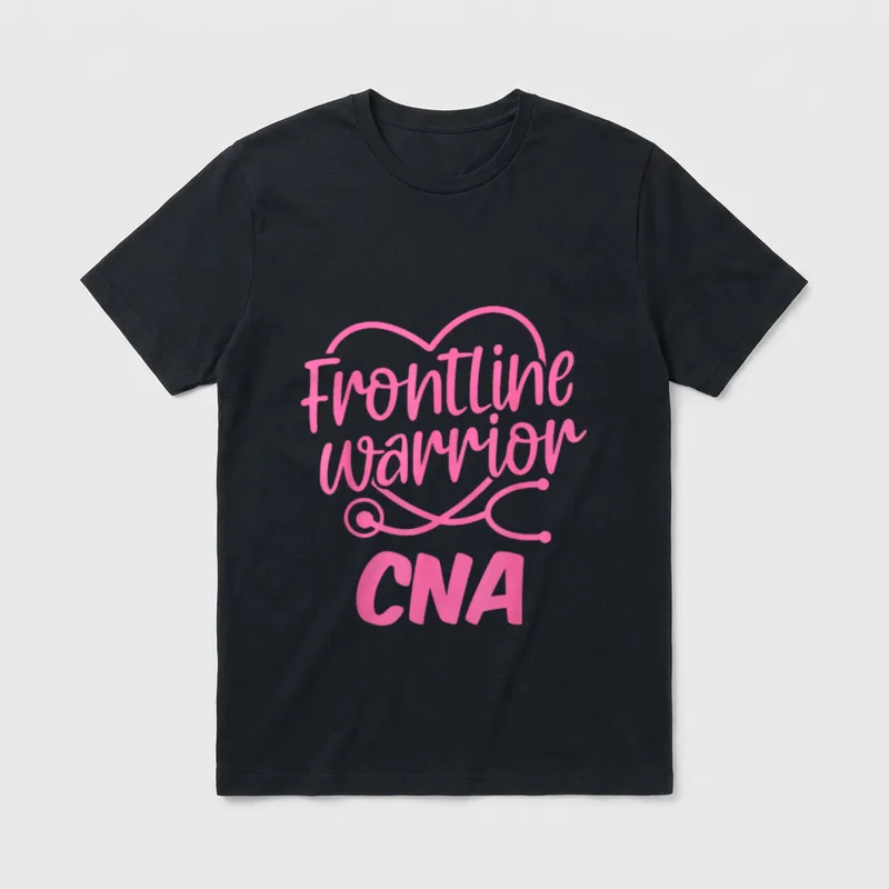 CNA Life T-Shirt – Pink stethoscope heart graphic with Frontline warrior CNA text – Classic T-Shirt in Black