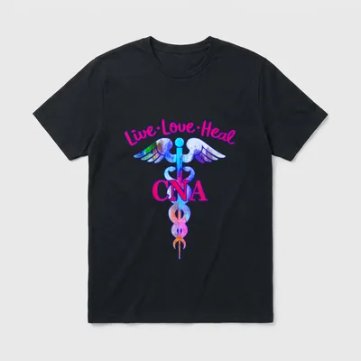 CNA Certified Nursing Assistant Live Love T-Shirt – Colorful caduceus with CNA and Live Love Heal – Classic T-Shirt in Black