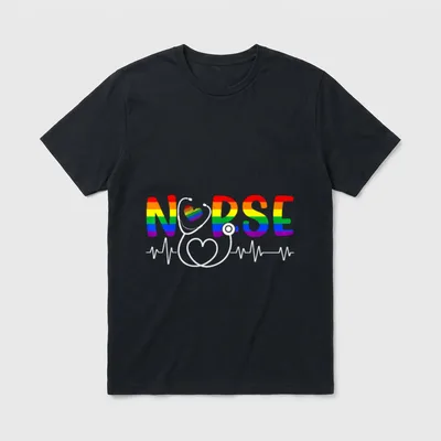 Nurse RN CNA Stethoscope T-Shirt – Rainbow nurse lettering with stethoscope heart and pulse line – Classic T-Shirt in Black