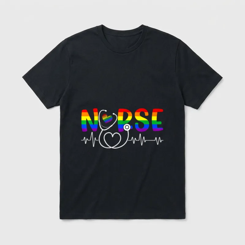 Nurse RN CNA Stethoscope T-Shirt – Rainbow nurse lettering with stethoscope heart and pulse line – Classic T-Shirt in Black