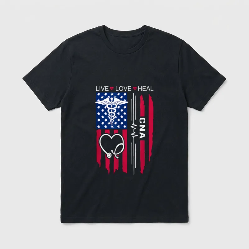 Nurse Graduation Week T-Shirt – Distressed flag with caduceus, heart stethoscope, and CNA text – Classic T-Shirt in Black
