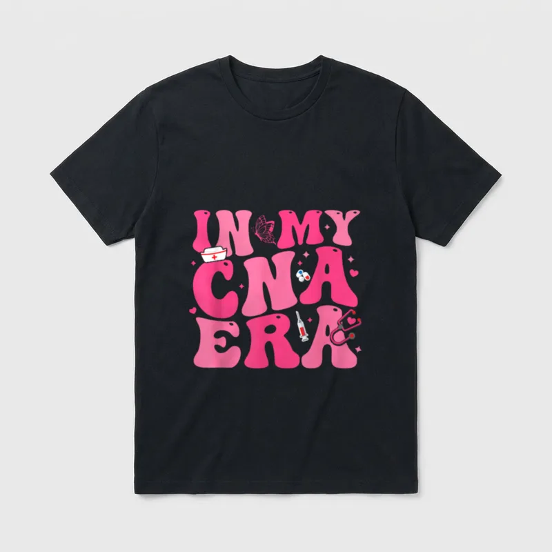 In My CNA Era Nurse Certified T-Shirt – Pink groovy lettering reading IN MY CNA ERA – Classic T-Shirt in Black