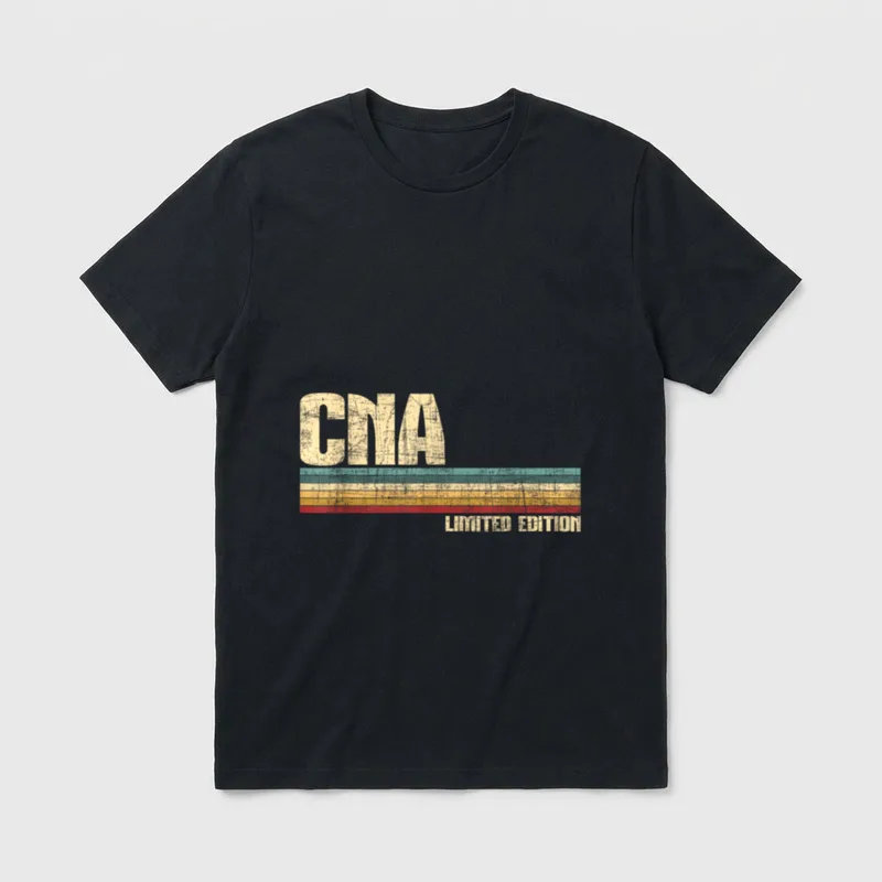 CNA Limited Edition T-Shirt – Distressed CNA text above multicolored vintage stripes – Classic T-Shirt in Black