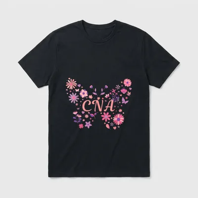 Butterfly Pretty Flowers Nursing T-Shirt – Floral butterfly silhouette surrounding CNA letters – Classic T-Shirt in Black
