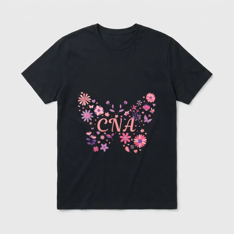 Butterfly Pretty Flowers Nursing T-Shirt – Floral butterfly silhouette surrounding CNA letters – Classic T-Shirt in Black