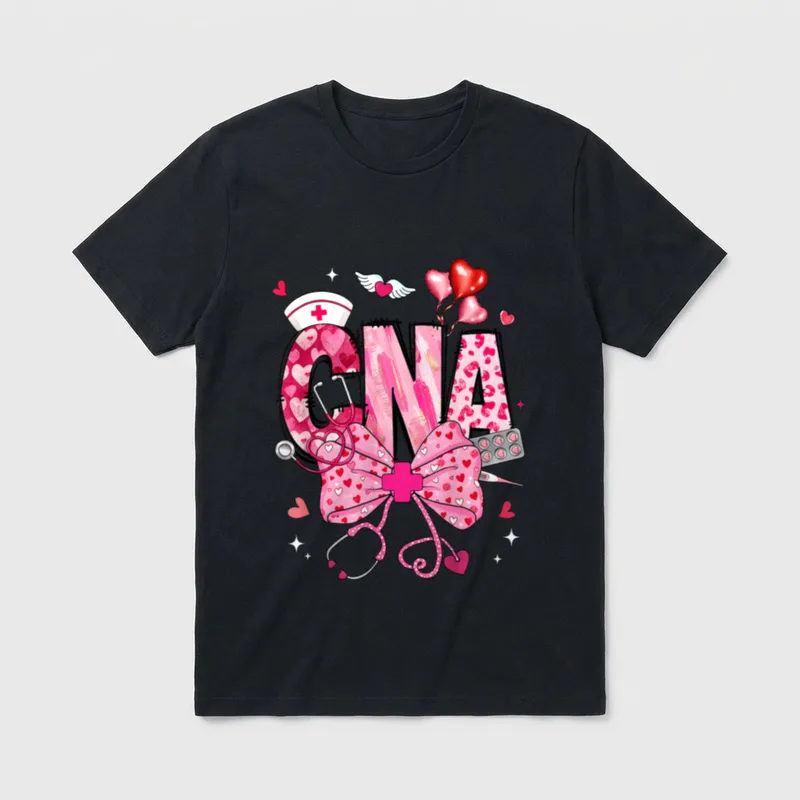 CNA Valentine Coquette Bow Stethoscope Nurse T-Shirt – Classic T-Shirt in Black