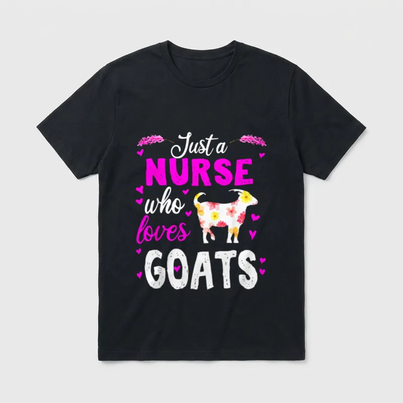 Nurse Who Loves Goats T-Shirt – Floral goat silhouette with pink letters and scattered hearts – Classic T-Shirt in Black